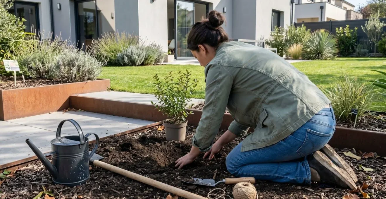 Jardinier vu de dos en train de planter un arbuste, mains dans la terre, avec un tuteur et un arrosoir posés au sol dans un jardin résidentiel
