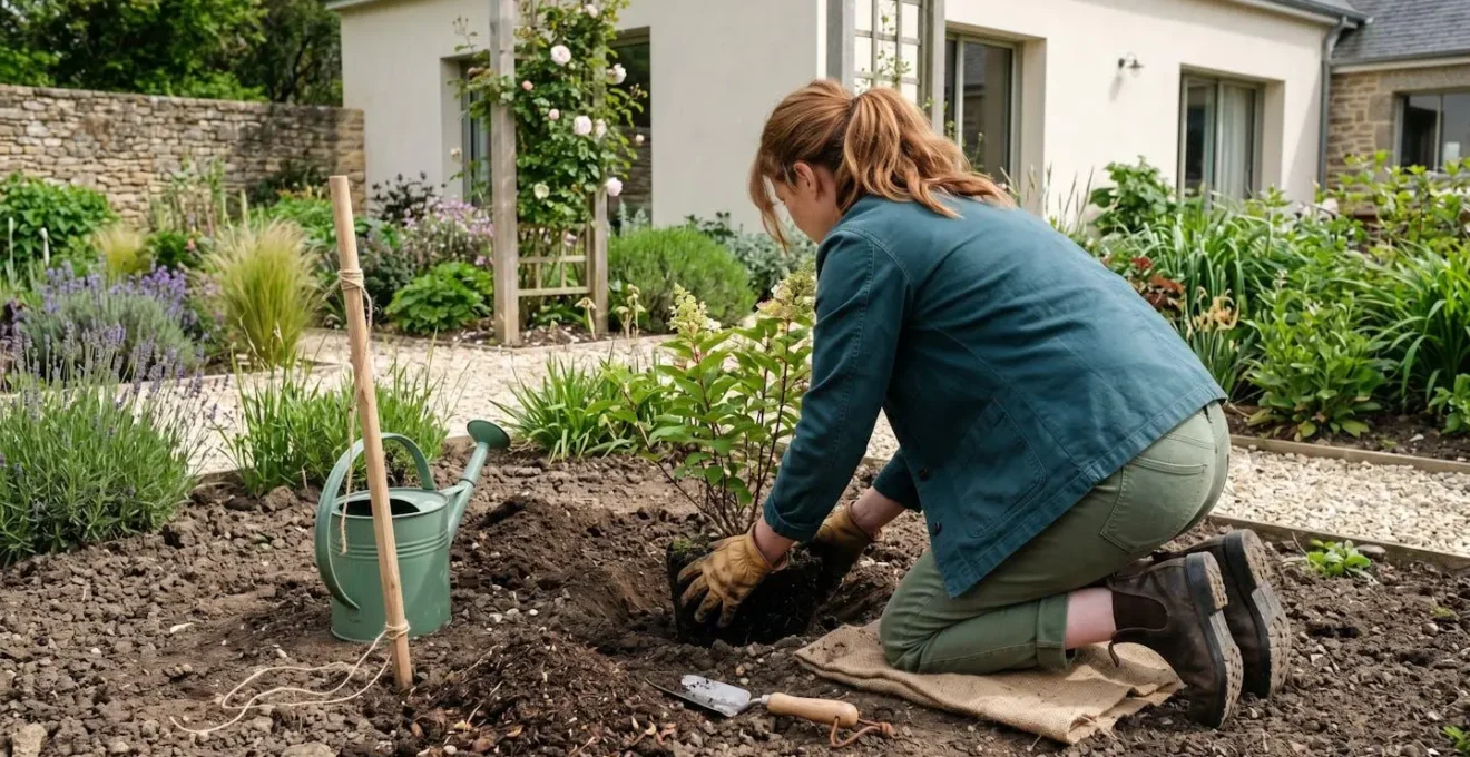 Jardinier vu de dos en train de planter un arbuste, mains dans la terre, avec un tuteur et un arrosoir posés au sol dans un jardin résidentiel