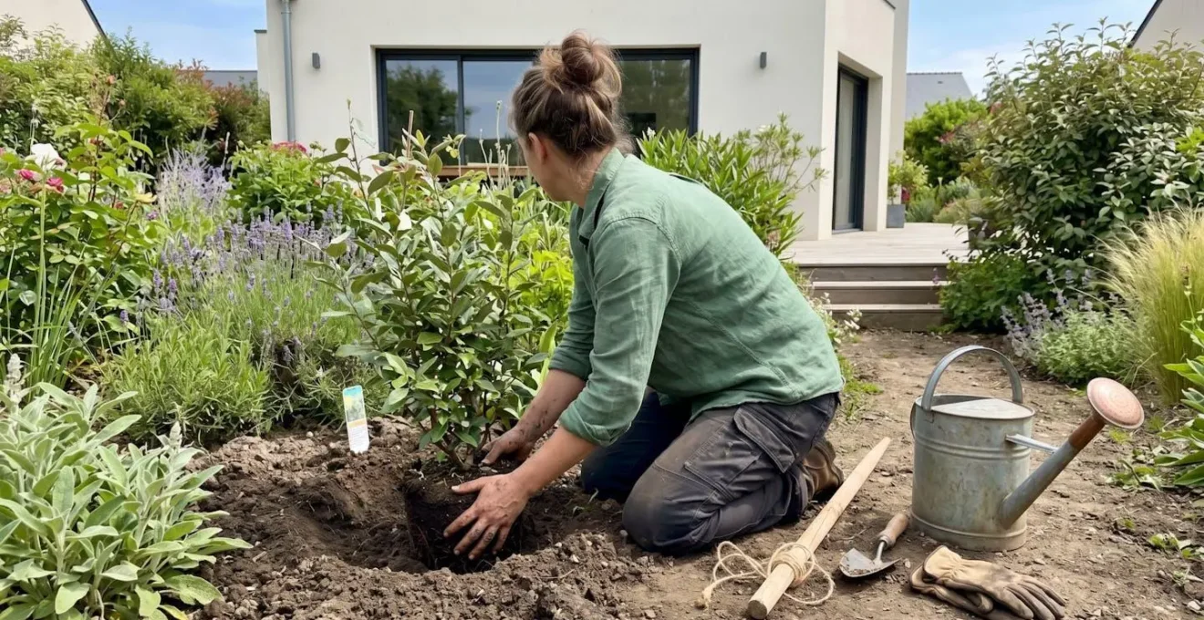 Jardinier vu de dos en train de planter un arbuste, mains dans la terre, avec un tuteur et un arrosoir posés au sol dans un jardin résidentiel
