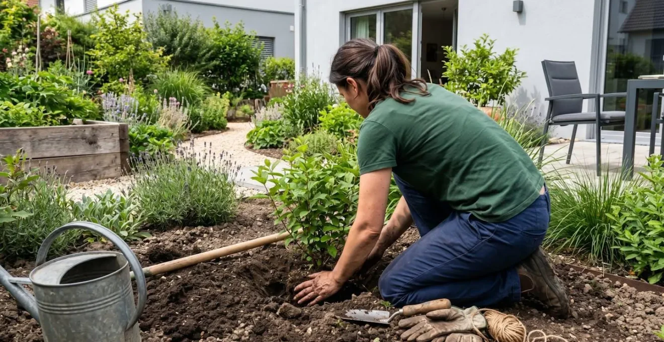 Jardinier vu de dos en train de planter un arbuste, mains dans la terre, avec un tuteur et un arrosoir posés au sol dans un jardin résidentiel