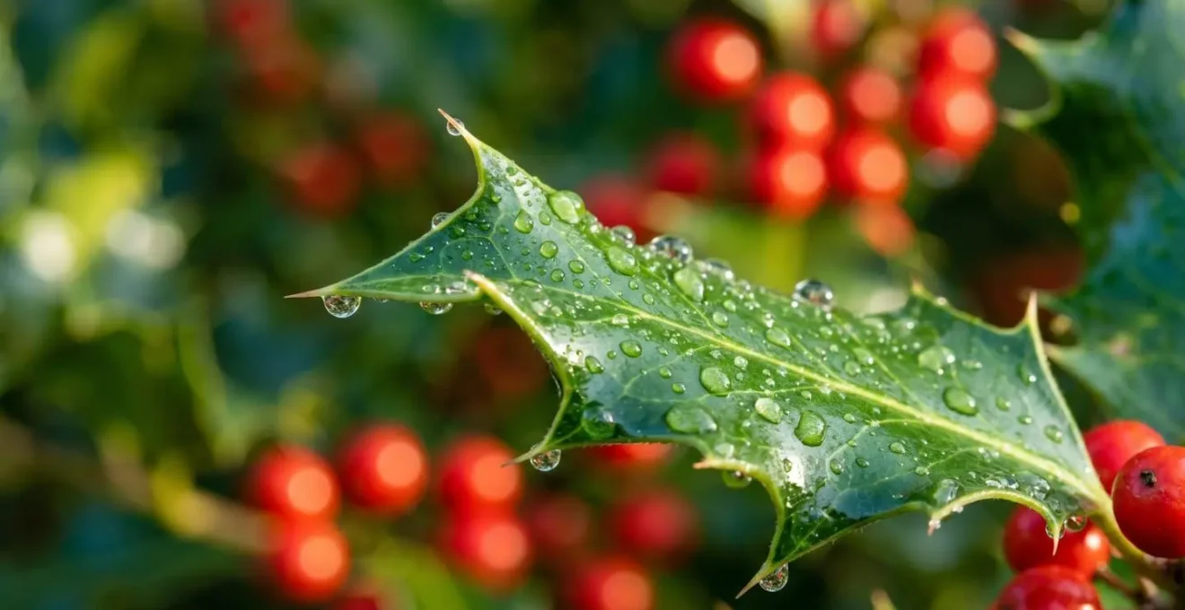 Gros plan sur feuilles brillantes de houx couvertes de gouttes d'eau avec baies rouges en arrière-plan flouté