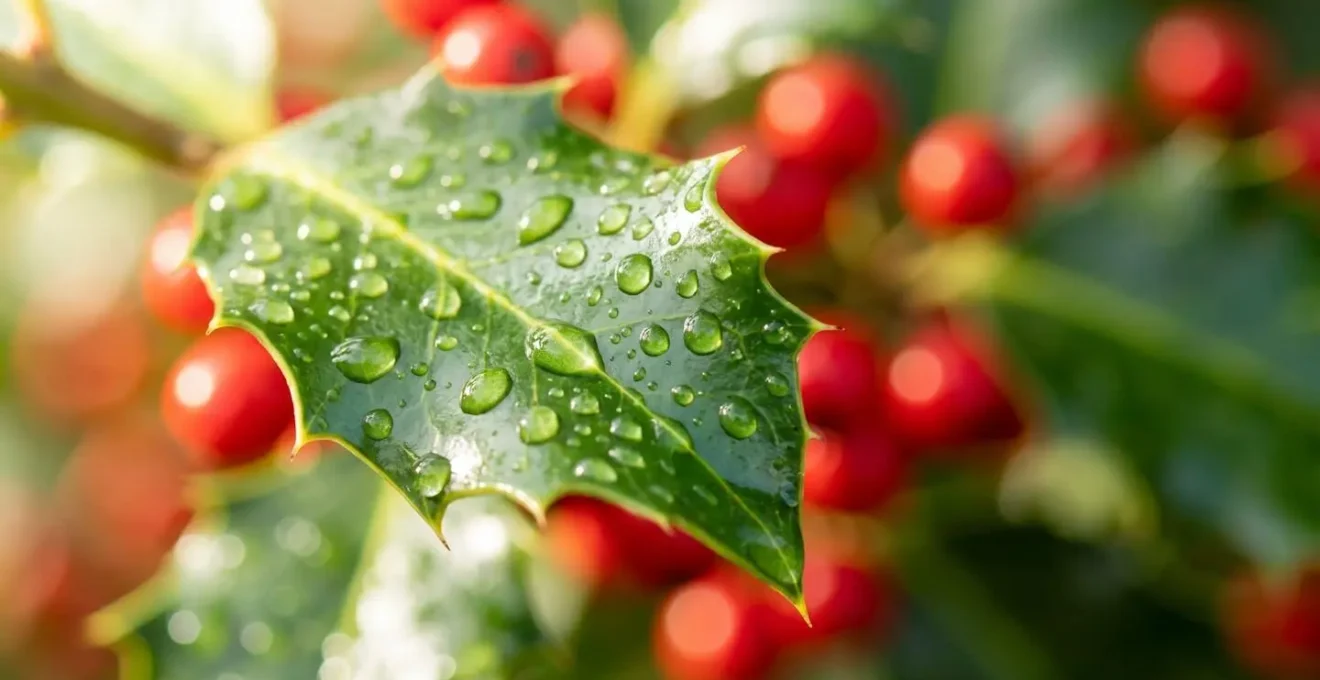Gros plan sur feuilles brillantes de houx couvertes de gouttes d'eau avec baies rouges en arrière-plan flouté