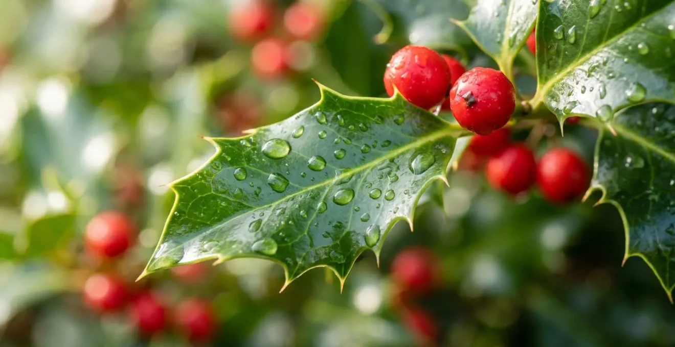 Gros plan sur feuilles brillantes de houx couvertes de gouttes d'eau avec baies rouges en arrière-plan flouté