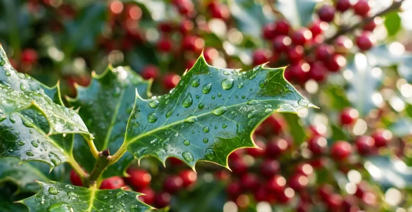 Gros plan sur feuilles brillantes de houx couvertes de gouttes d'eau avec baies rouges en arrière-plan flouté