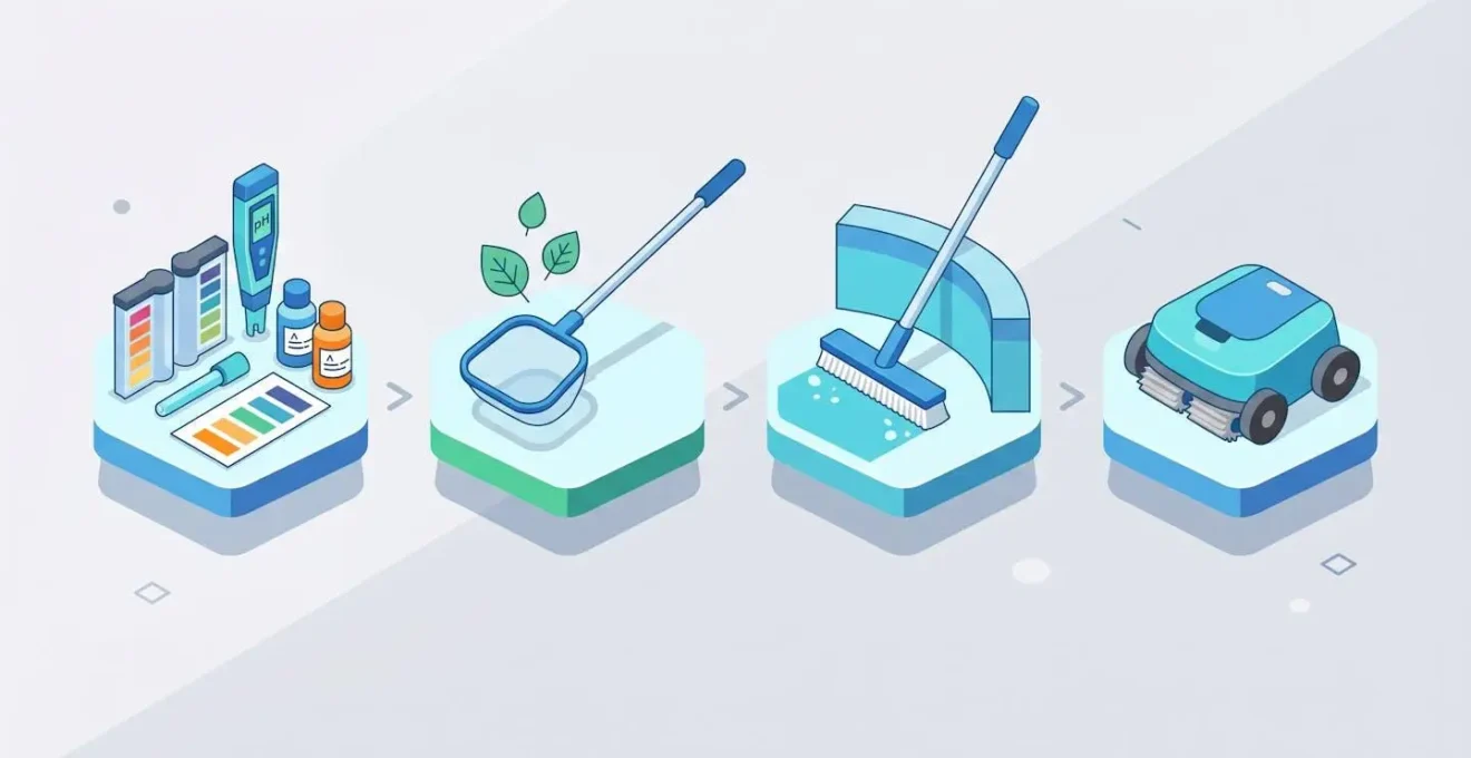 Icônes des étapes d'entretien de piscine : test pH, skimmer, brosse, robot.