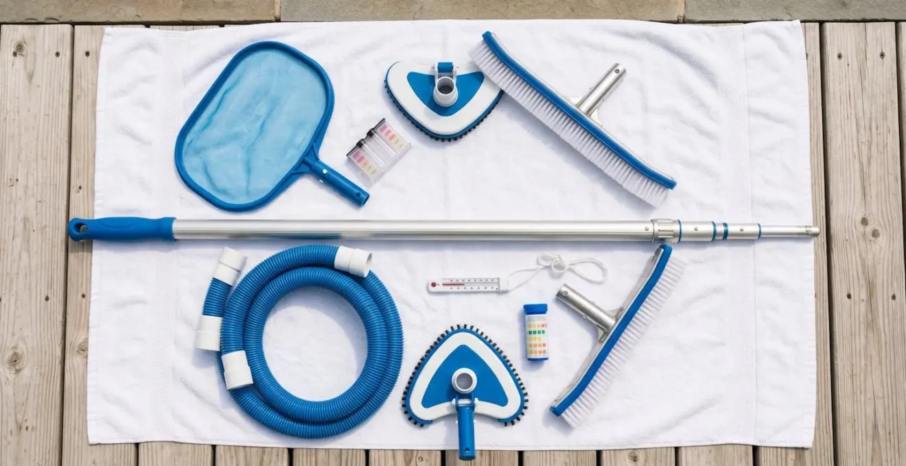 Outils de nettoyage de piscine : épuisette, brosse, perche.