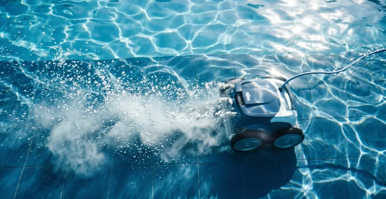Robot nettoyeur électrique nettoyant le fond de la piscine.