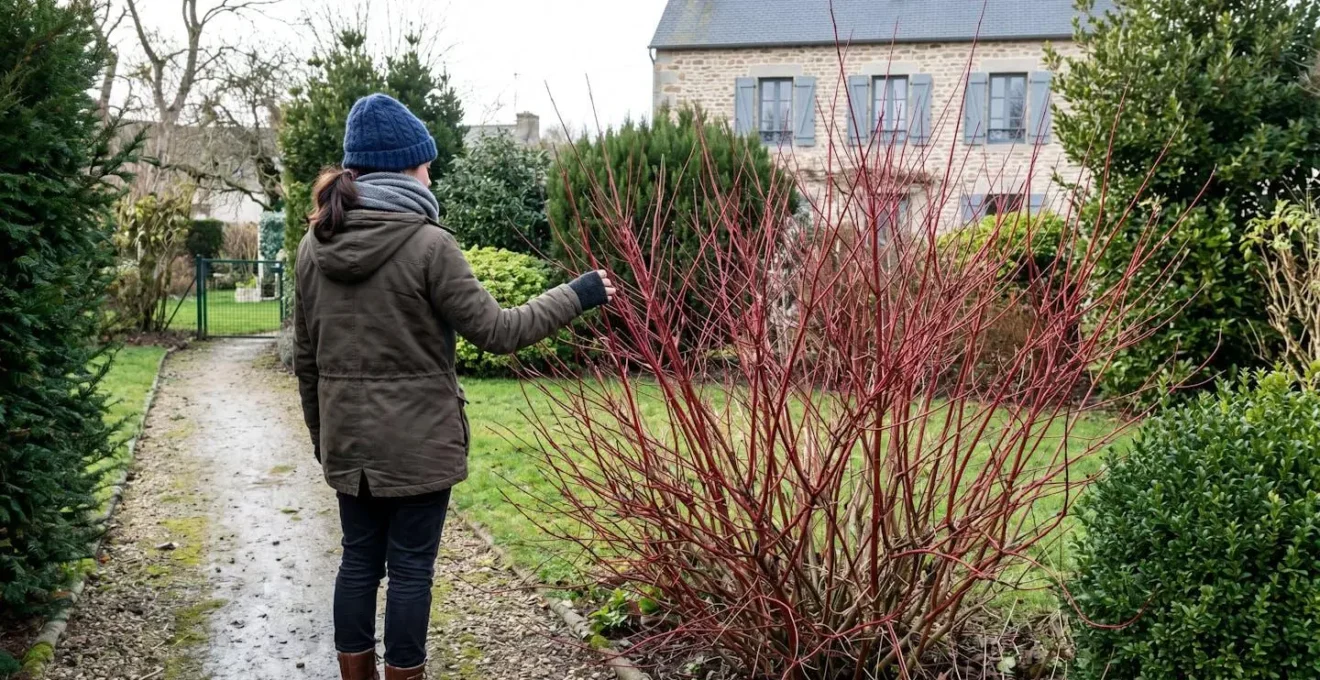 Personne de dos observant et touchant les tiges rouge vif d