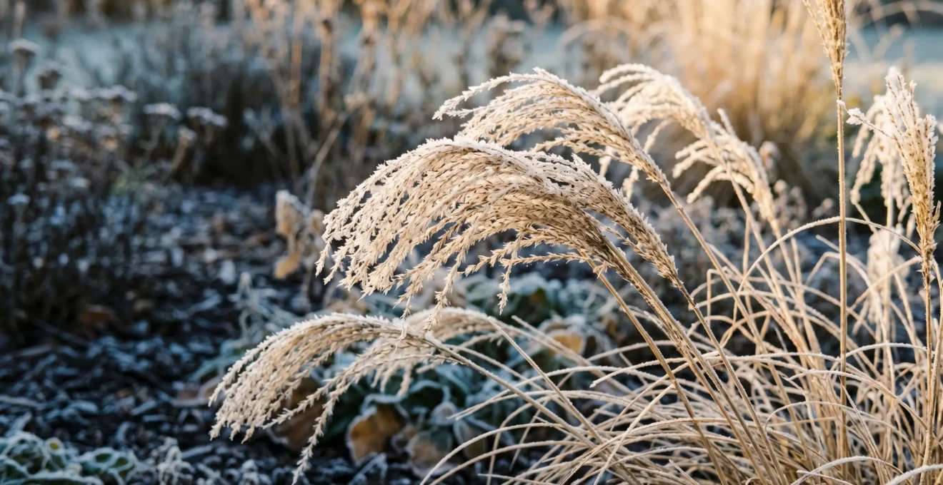 Gros plan sur des graminées ornementales en hiver avec inflorescences séchées dorées couvertes de givre, éclairées par lumière rasante matinale, montrant leur présence décorative en saison froide