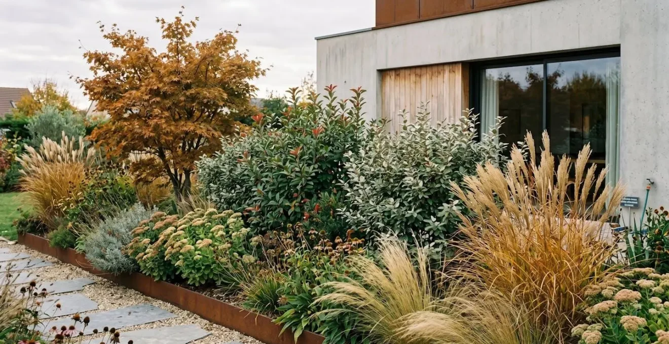 Jardin résidentiel en Essonne montrant trois strates végétales distinctes : arbre d'ornement en arrière-plan, arbustes persistants au milieu, vivaces et graminées ornementales au premier plan, photographié en automne pour illustrer la présence végétale hors saison estivale