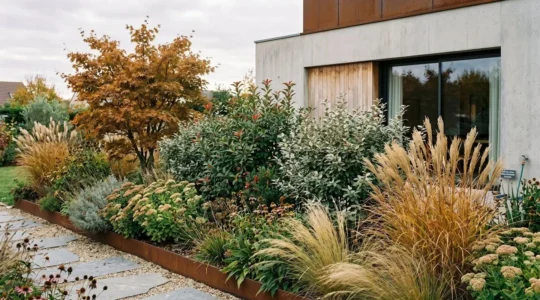 Jardin résidentiel en Essonne montrant trois strates végétales distinctes : arbre d'ornement en arrière-plan, arbustes persistants au milieu, vivaces et graminées ornementales au premier plan, photographié en automne pour illustrer la présence végétale hors saison estivale