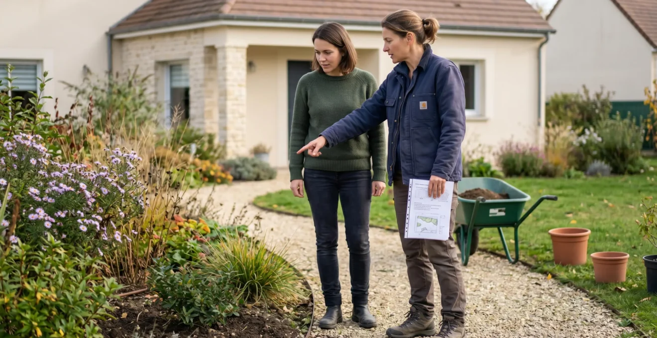 Une propriétaire et un paysagiste professionnel debout dans un jardin résidentiel en Essonne, le paysagiste tenant un plan de plantation et désignant une zone du massif tandis que la propriétaire observe attentivement